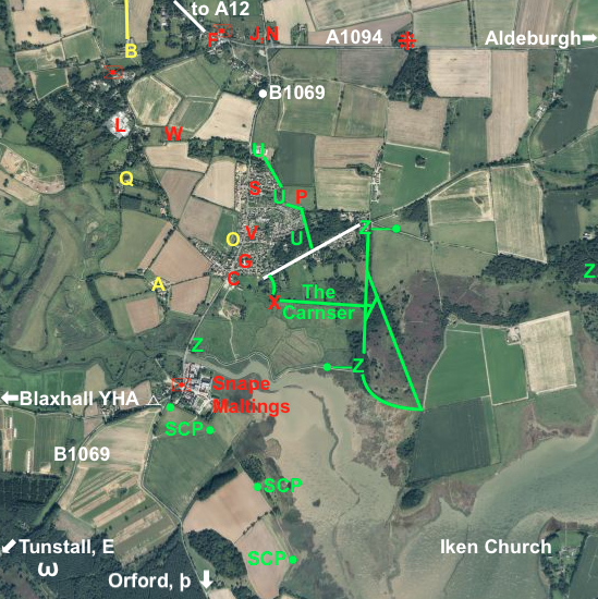 map of Suffolk parish, with letters each matching the list of locations